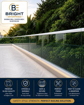Glass railing installed on a terrace with stainless steel top rail and LED lighting